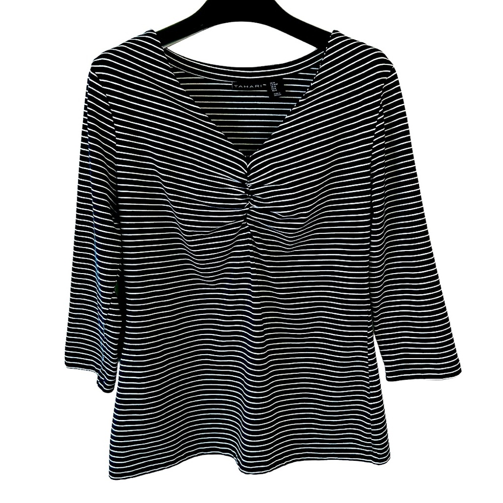 TAHARI Women’s Blue White Striped V Neck 3/4 Sleeves Pullover Size M
